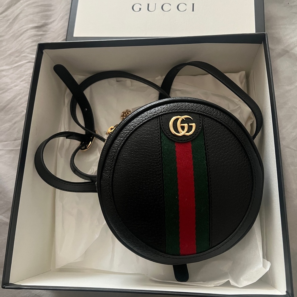 Gucci Black Round Crossbody Bag with Green and Red Stripe